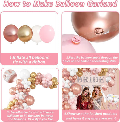 121 Pcs Bachelorette Party Decorations Kit Rose Gold Bridal Shower Balloons Decor Bride to Be Backdrop, Sash, Veil, Crown, Diamond Ring Foil Balloons, Photo Booth Props Supplies