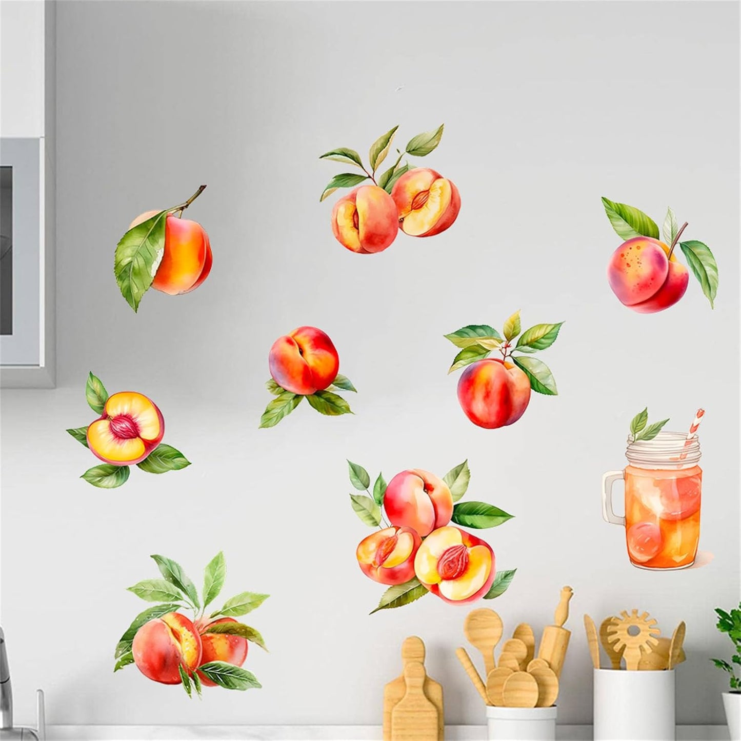 Pink and Tender Refreshing Peach Fruit Wall Decals Colorful Peach Wall Stickers Restaurant Kitchen Wall Decor Pegatinas para Pared