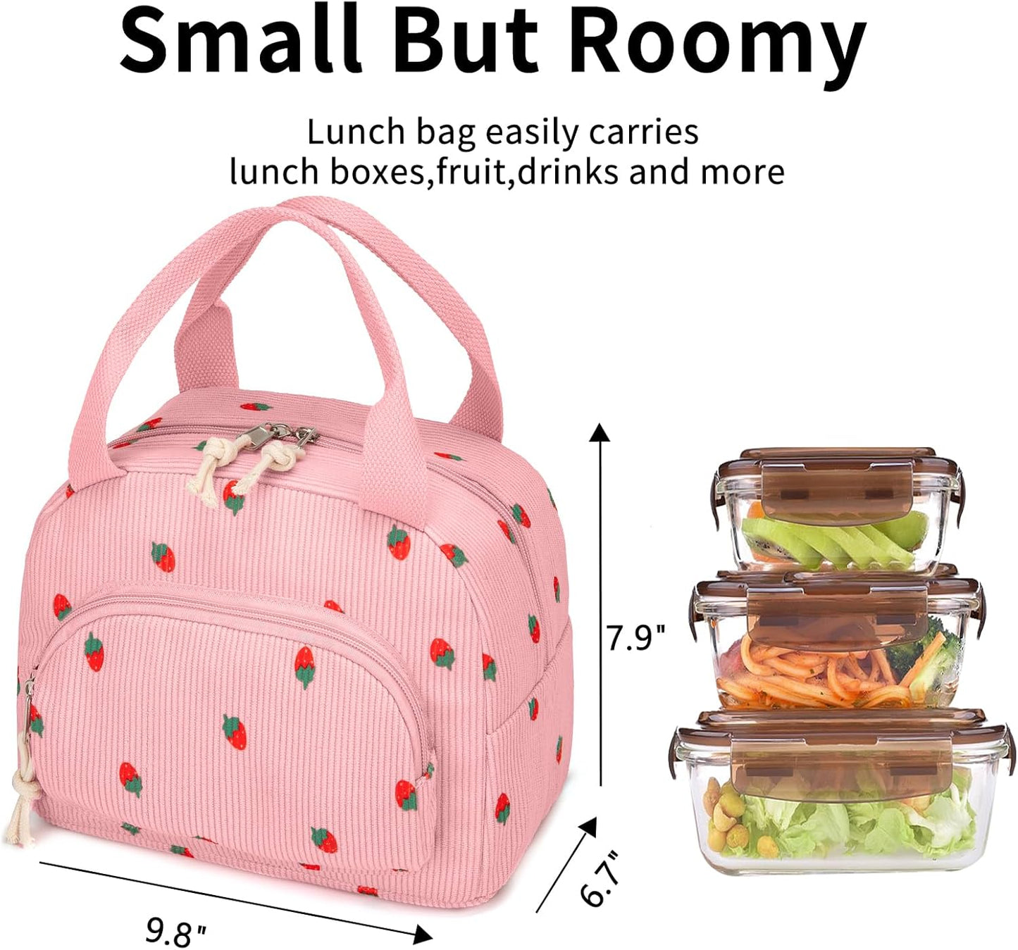 Lunch Bag Women Lunch Box for Women Adult Cute Insulated Lunch Bag Small Cooler Lunch Tote Bags for Work Picnic Travel (Pink-Strawberry)