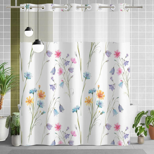 No Hook Floral Shower Curtain and Liner Set 71 x 74 Inch - Watercolor Purple and Pink Flower Pattern, Waterproof Fabric Bath Curtain with Mesh Top for Cottagecore Bathroom Decor