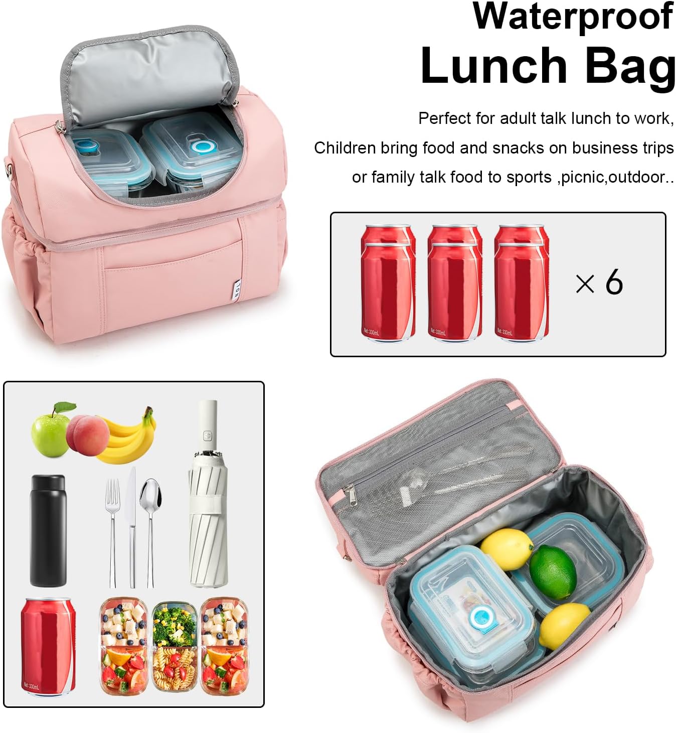NOL Natural Organic Lifestyle Adult Lunch Box Insulated Lunch Bag Large Dual Compartment Lunch Bag Coolers Lightweight Nylon Waterproof Lunch Box for Work, Picnic, Travel, Outdoors, Pink