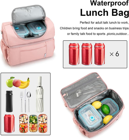 NOL Natural Organic Lifestyle Adult Lunch Box Insulated Lunch Bag Large Dual Compartment Lunch Bag Coolers Lightweight Nylon Waterproof Lunch Box for Work, Picnic, Travel, Outdoors, Pink