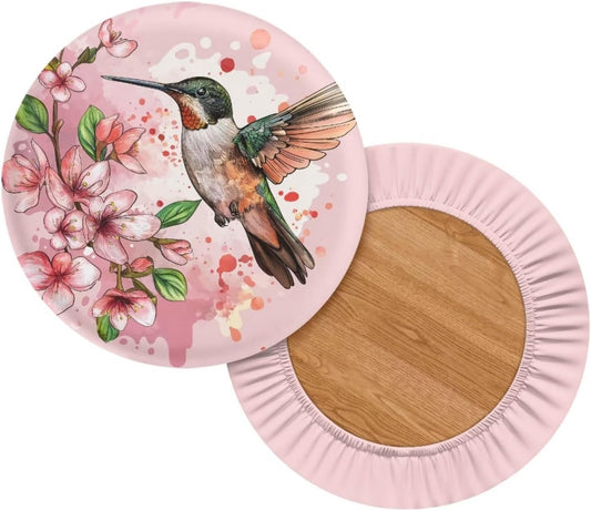 Lotusorchid Hummingbird Stool Covers 2 Pack, Peach Blossom Stool Cushion Cover with Elastic, Washable Round Seat Covers for Bar Stools, Comfy Stool Slipcovers Round, Pink