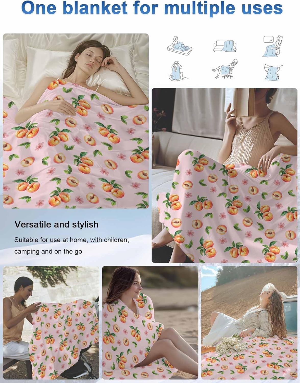 Cooling Blankets for Hot Sleepers Summer Peaches on Pink Background Lightweight Summer Throw, Watercolor Flower Soft Blanket with Cold Effect for Couch Sofa Bed Office,30x40in