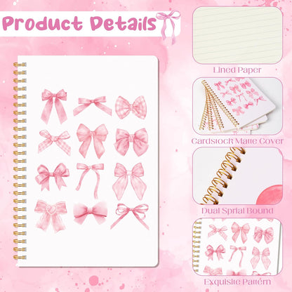 CNhoqc Pink Spiral Journal Notebook - 4 Pcs A5 Pink Watercolor Coquette Bow Cherry College Ruled Lined Pages Hardcover Spiral Bound Journal Subject Notebook Work School Note Taking Removable Dividers
