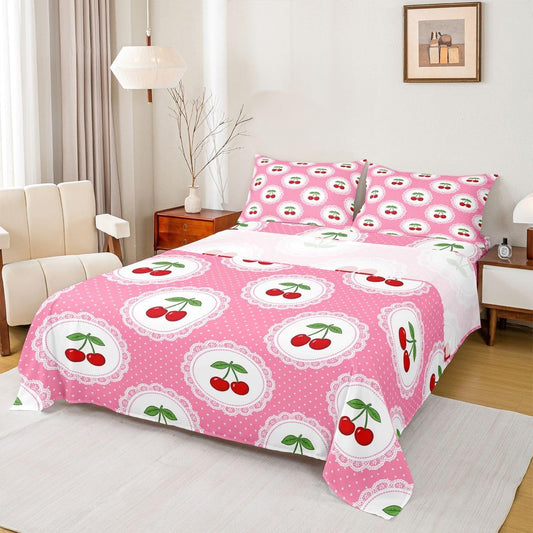 Manfei Cute Cherry 3pc Bedding Set Polka Dots Fruits Deep Pocket Bed Cover for Kids Boys Girls Princess Style Sheet Set(Queen Flat & Fitted Sheet with 2 Pillow Cases),Peach Pink