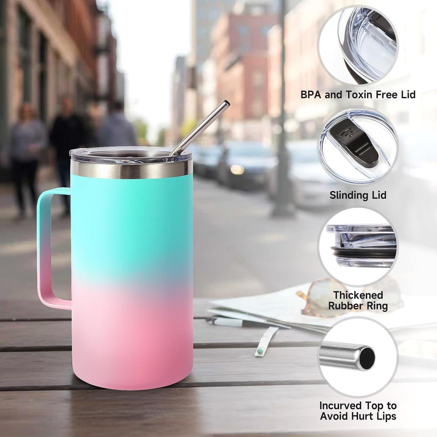 Volhoply 22oz Insulated Stainless Steel Coffee Mug with Leakproof Lid,Double Wall Vacuum Travel Coffee Cup with Handle,Reusable Metal Tumbler,Camping Mugs Keep Hot&Cold(Green Pink,1)