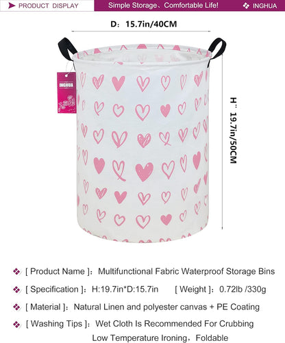 Laundry Hamper Large Canvas Fabric Lightweight Storage Basket/Toy Organizer/Dirty Clothes Collapsible Waterproof for College Dorms, Boys and Girls Bedroom,Bathroom(Pink hearts)