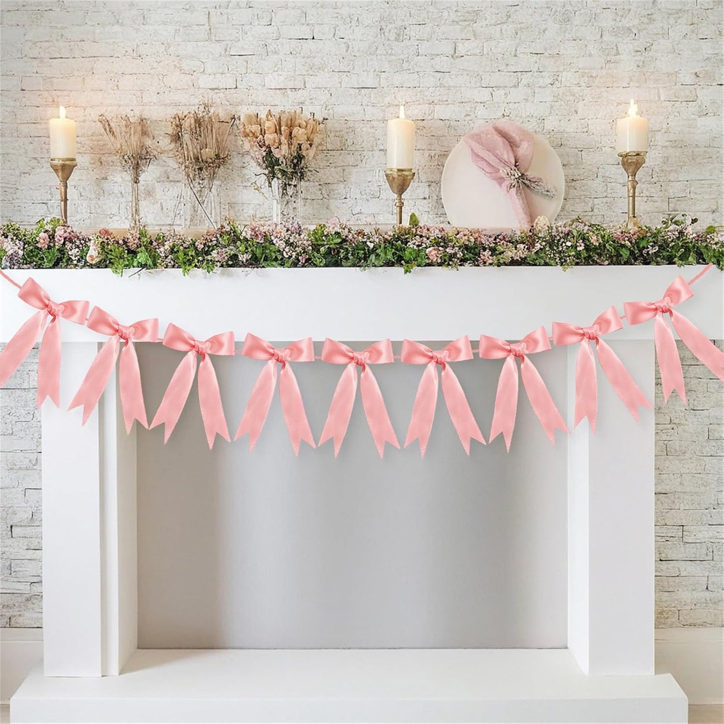 Bow Garland Ribbon Bow Banner for Coquette Birthday Decortions Girls Baby Shower Bow Party Decor (Peach Pink)