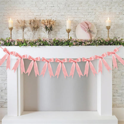 Bow Garland Ribbon Bow Banner for Coquette Birthday Decortions Girls Baby Shower Bow Party Decor (Peach Pink)
