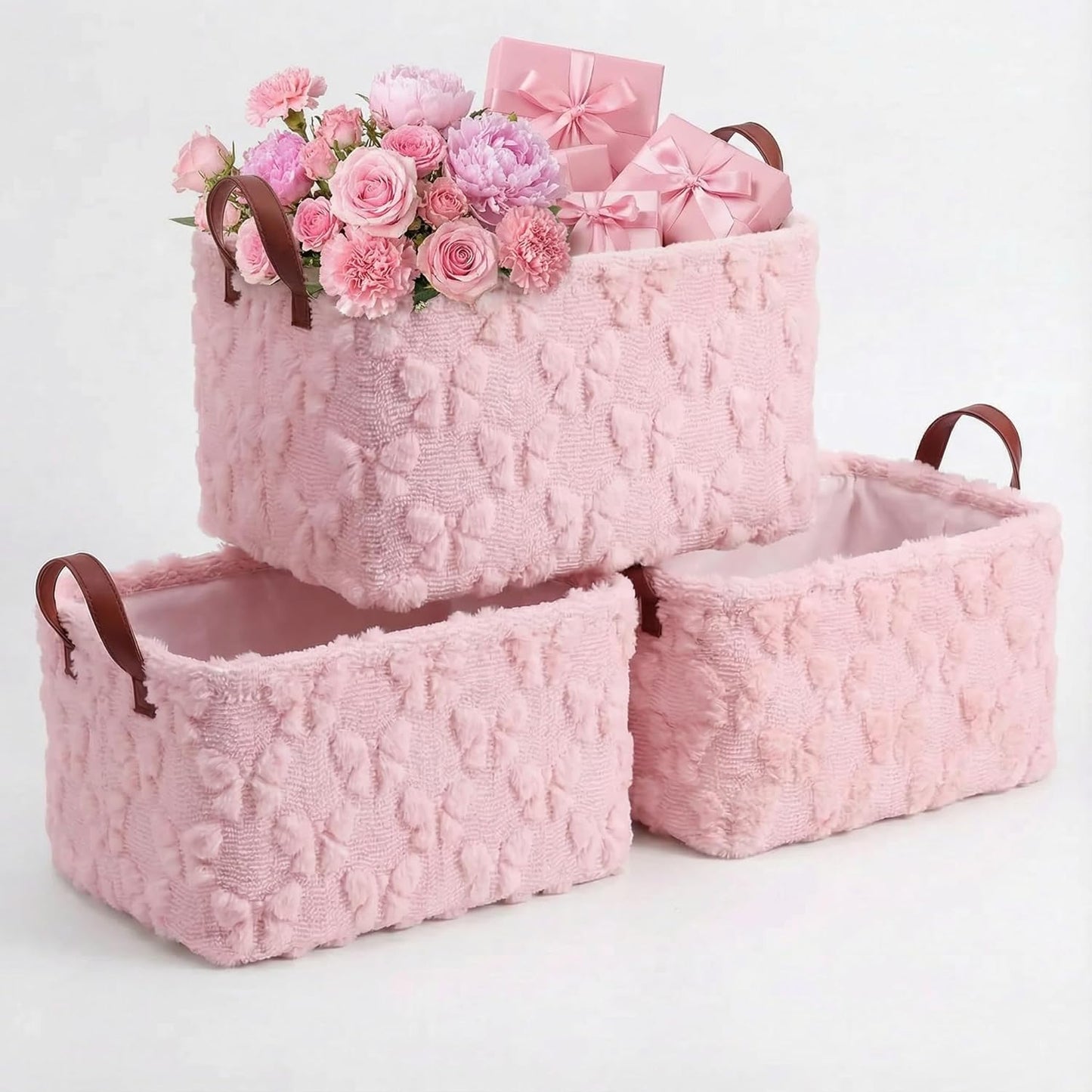 Kathfly 3 Pcs Bow Foldable Storage Baskets Pink Bow Plush Faux Fur Jacquard Design Laundry Basket with Handles Waterproof Storage Bins Fabric Shelf Baskets for Organizing Closet Clothes