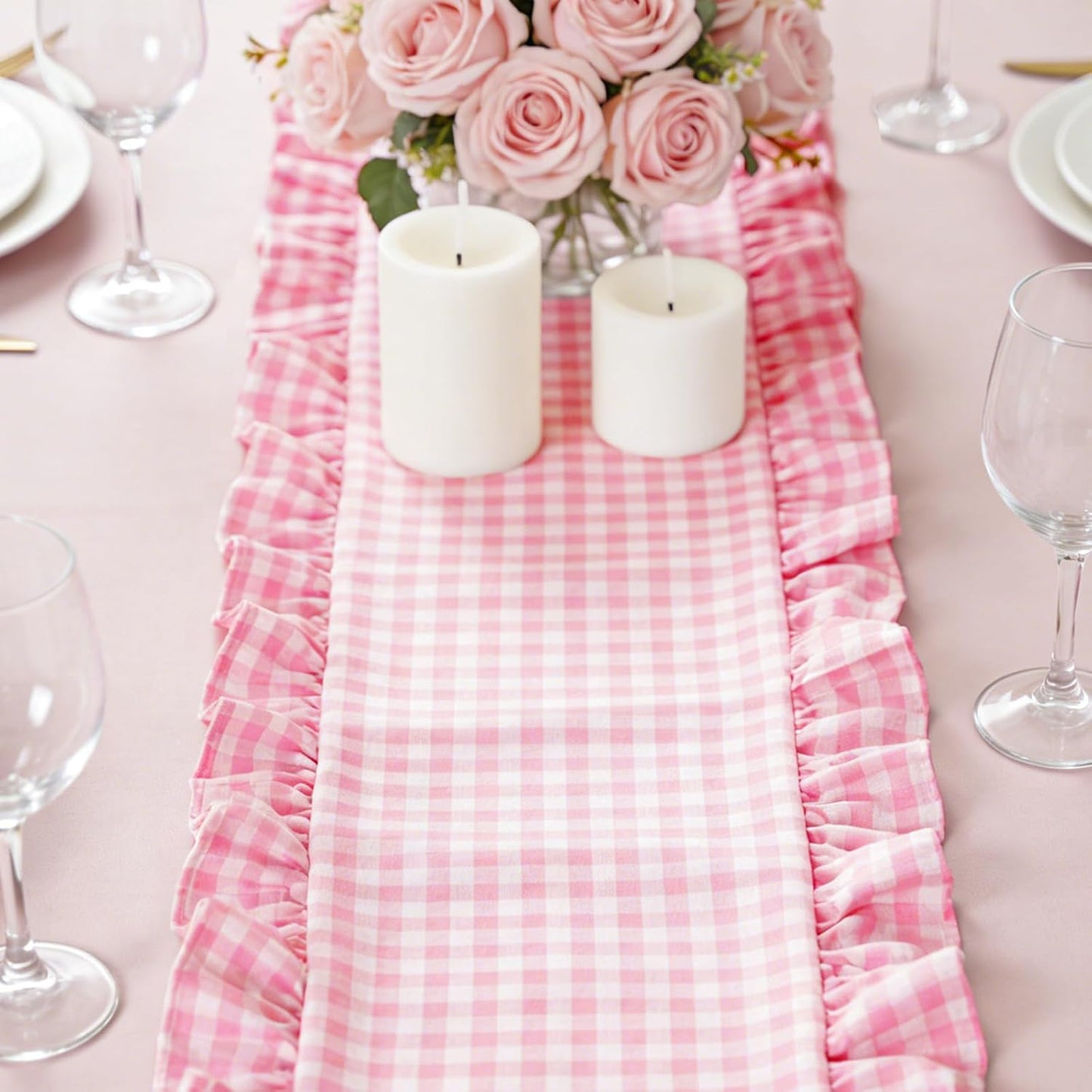 AnyDesign Pink Plaid Gingham Ruffle Table Runner 13.8 x 72 Inch Farmhouse Table Cover Cotton Scallop Edge Decor for Birthday Wedding Kitchen Rustic Home Table Decor