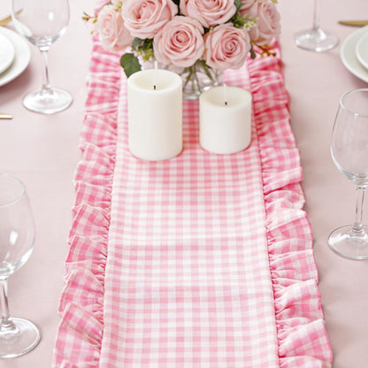 AnyDesign Pink Plaid Gingham Ruffle Table Runner 13.8 x 72 Inch Farmhouse Table Cover Cotton Scallop Edge Decor for Birthday Wedding Kitchen Rustic Home Table Decor
