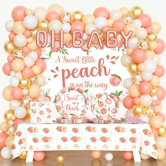 Costova Peach Baby Shower Decorations, A Sweet Little Peach Is on The Way Party Supplies, Peach Themed Backdrop Balloon Tablecloth Tableware with Plates Napkins Forks for Sweet as a Peach Girls