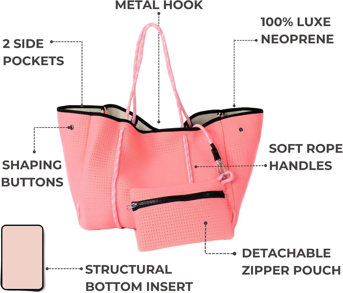 POPUPS Large Neoprene Tote Bag for Women - Everyday Designer Handbag for Travel Work and Beach with Pockets and Zipper Pouch