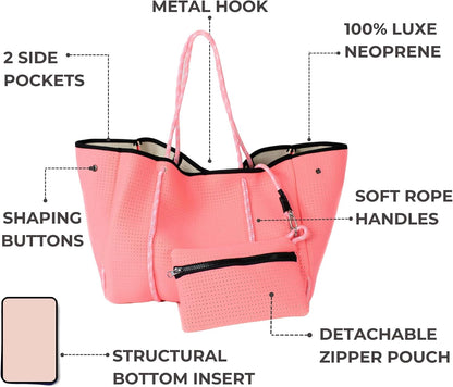 POPUPS Large Neoprene Tote Bag for Women - Everyday Designer Handbag for Travel Work and Beach with Pockets and Zipper Pouch