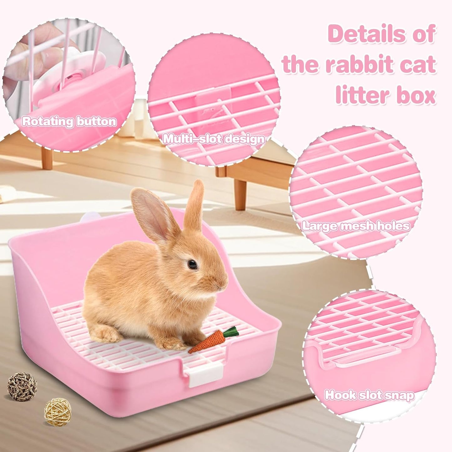 16 Pcs Bunny Grooming Kit,Rabbit Litter Box, Bunny Toys,Blankets with Cleaning Supplies,Pet Toilet Potty with Detachable Hanging Pet Cage Bowl Suitable for Rabbit,Guinea Pig(Pink) (Pink (16PCS))
