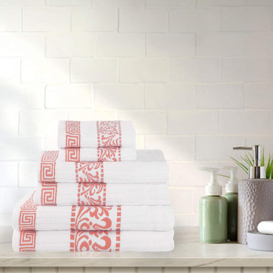 Superior 6-Piece Cotton Towel Set, Decorative Greek Pattern, Home Essentials, Absorbent Towels, Bathroom Decor, Spa, Resort, Includes 2 Hand, 2 Face and 2 Bath Towels, Athens Collection, Coral