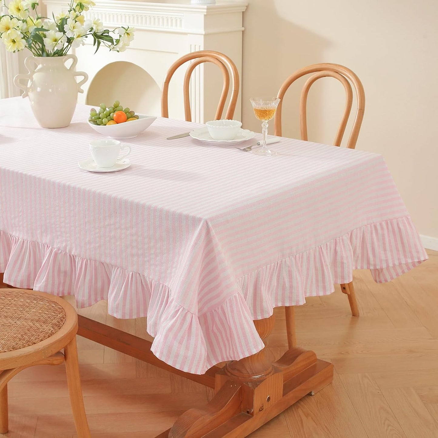 meioro Striped Ruffled Tablecloth Square Spring Cotton Blend Stripe Table Cloth with Tassel, Farmhouse Washable Wrinkle Free Heavy Table Cover for Valentines Day Outdoor Picnic Party, Pink, 55''x55''