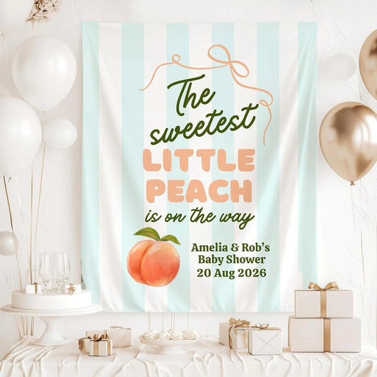 The Sweetest Little Peach Baby Shower Tapestry, Peach Theme Baby Sprinkle Photo Backdrop, Summer Fruit Inspired Baby Shower Banner, Cozy Seasonal Celebration Entrance Decor (Multi 10)