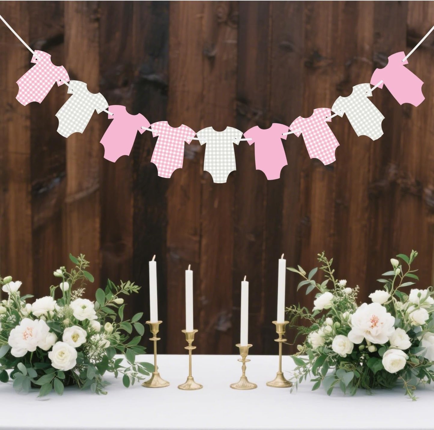 Pre-Strung Pink Gingham Bodysuit Baby Shower Garland Banner - 9 Double-Sided Onesie Cards-Baby Shower Decoration for Girls, Pink Nursery Decor, Newborn Celebration Banner