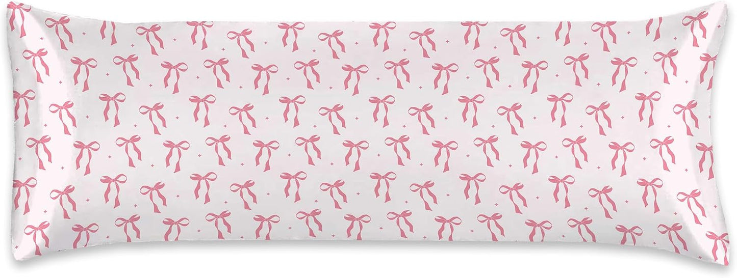 Satin Body Pillowcase Pink Bow Imitation Silk Pillow Cover with Hidden Zipper,Comfortable Lightweight Breathable for Hair and Skin,20x54 Inch