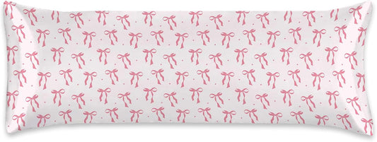 Satin Body Pillowcase Pink Bow Imitation Silk Pillow Cover with Hidden Zipper,Comfortable Lightweight Breathable for Hair and Skin,20x54 Inch