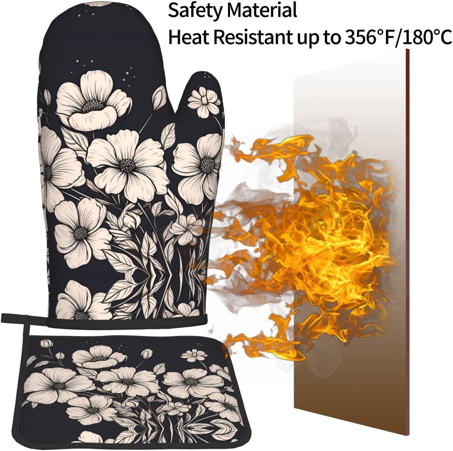 Light pink flowers Patterned Heat-Proof Gloves and Protective Mat Set (2-Piece) - For Ovens, Microwaves, and Grills