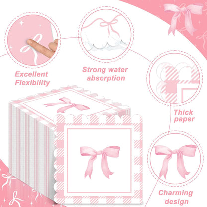 60 Pcs Pink Bow Napkins Birthday Party Decorations Bows Theme Bachelorette Party Supplies Pink Bow Hand Towel Dinner Napkins Parties Decor for Girl Bridal Engagement Baby Shower Tea Ribbon Favors