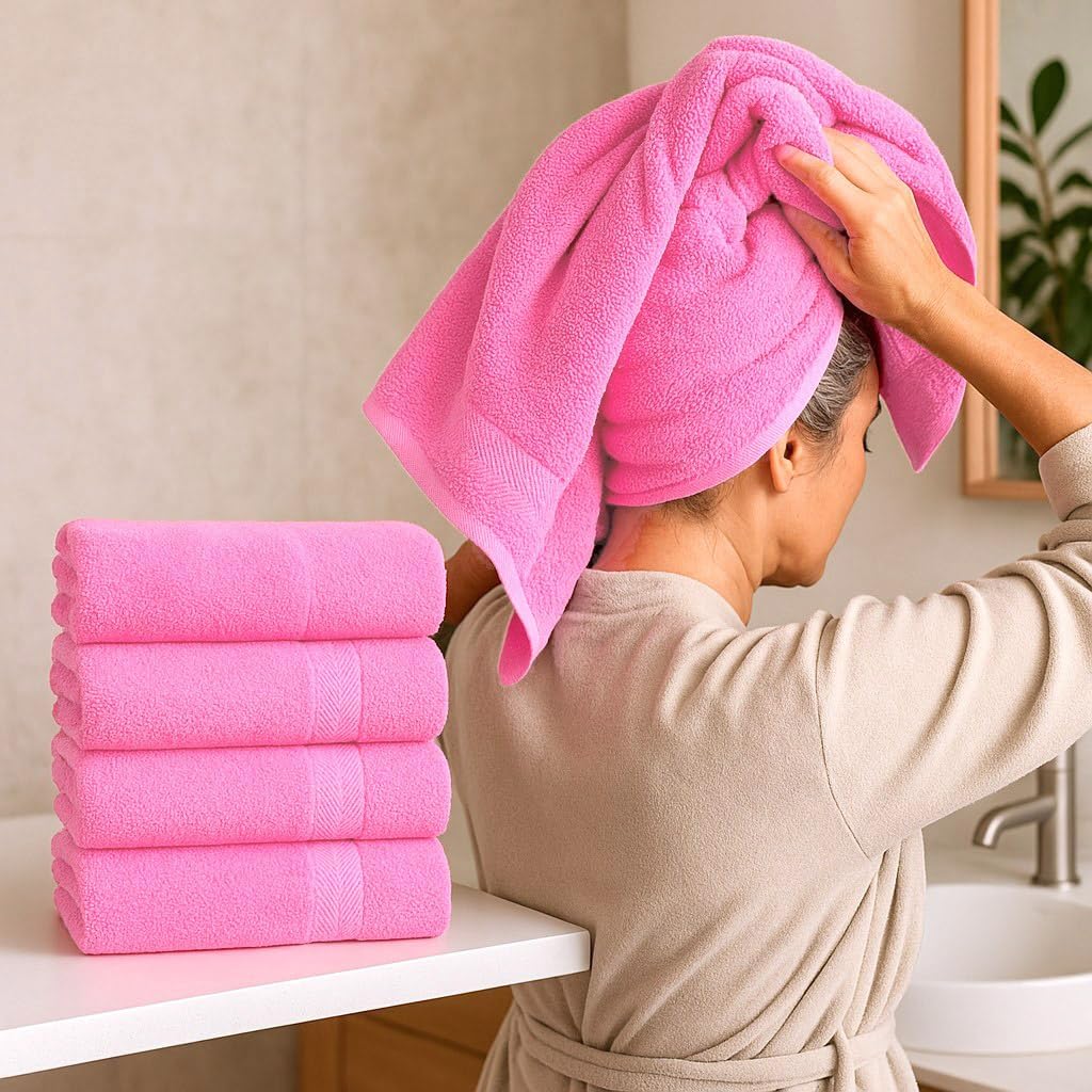 BY LORA 540 GSM Bath Towel Set of 4, 27 x 54 in 100% Ring-Spun Cotton Terry, Mid-Weight Plush Hotel Quality Bath Towels, Pink