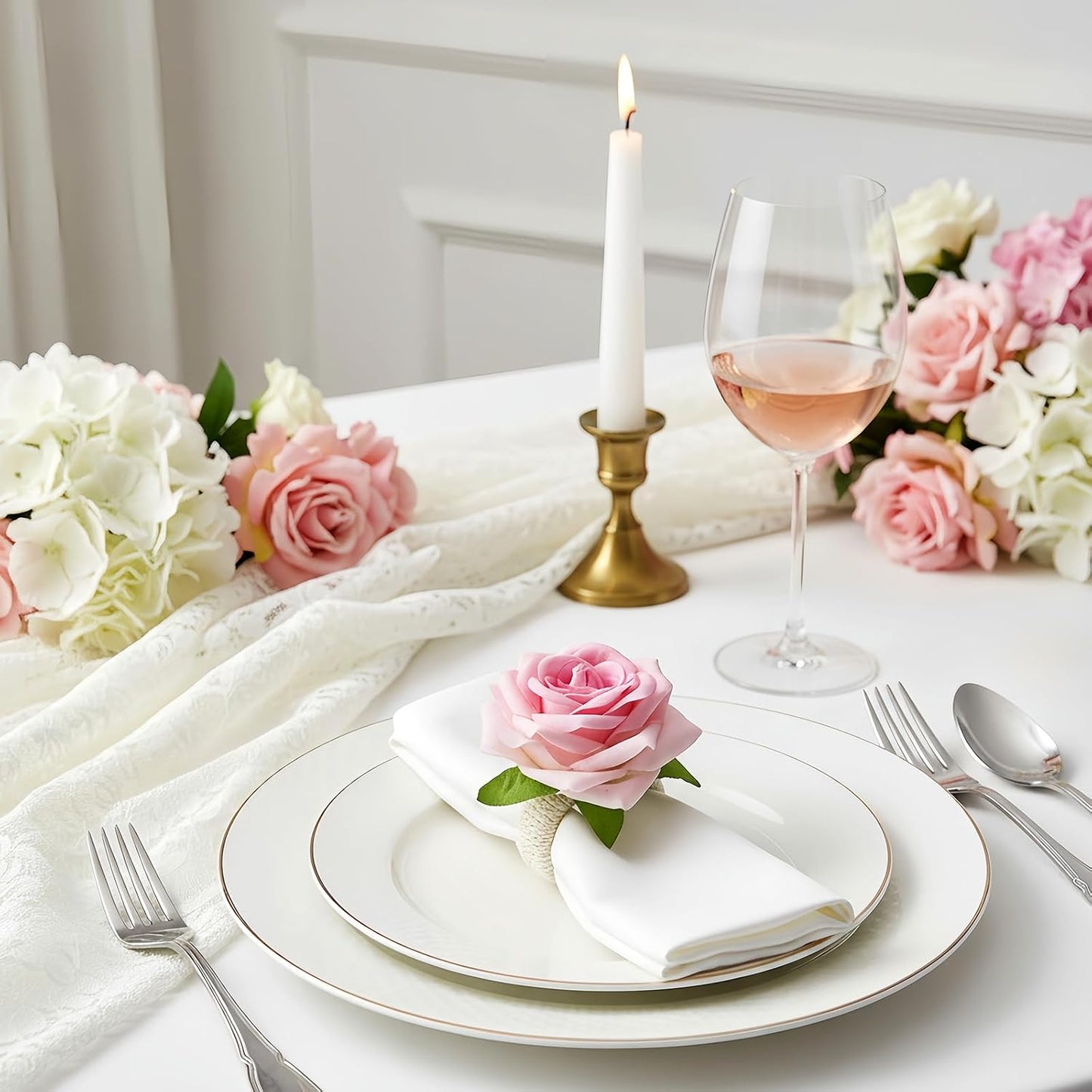 Flower Napkin Rings Set of 12, Handmade Pink Rose Flower Spring Napkin Rings Holder, Romantic Table Decorations for Mother's Day, Wedding, Easter, Birthday, Tea Party