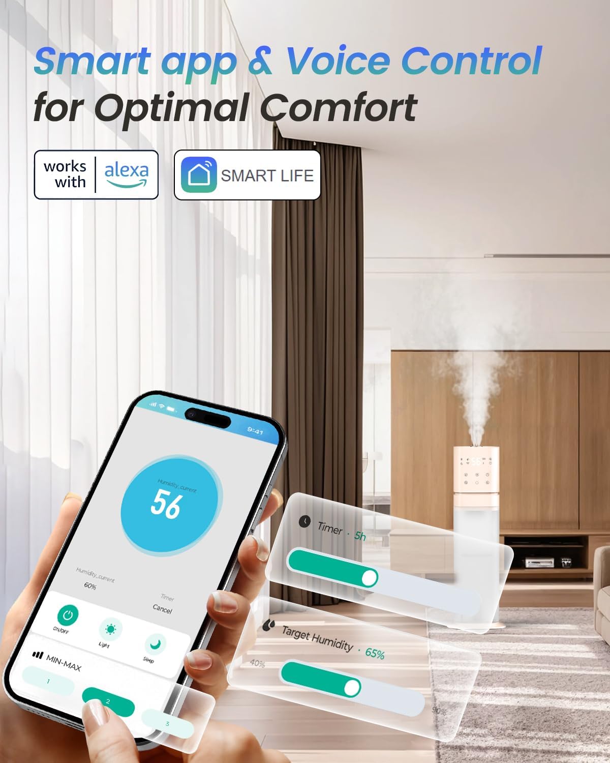Smart Humidifier Large Room, 2.1Gal/8L Humidifiers for Bedroom with Extended Tube&Night Light, Whole House Cool Mist Humidifiers, WIFI App&Voice Control, School/Office/Warehouse, Pale Pink