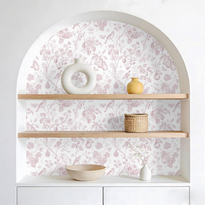 VEELIKE Blush Pink Toile Wallpaper Peel and Stick Floral Wallpaper with Birds Fruits 17.7''x118'' Self Adhesive Contact Paper Removable Chinoiserie Wall Paper for Girls Bedroom Nursery Powder Room