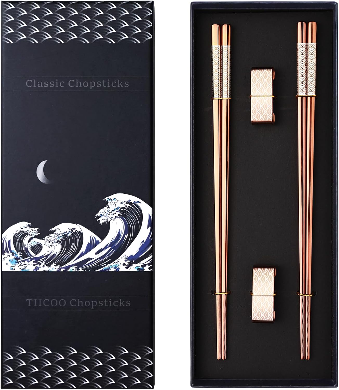 Titanium Stainless Steel 18/8 Reusable Chopsticks - 2 Pairs with Holder, Dishwasher Safe, Lightweight Japanese Style Gift Set (Rose Gold)