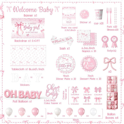 264Pcs Pink Bow Baby Shower Decorations - Pink Bow Birthday Party Supplies Include Plates Napkins Tablecloth Banner Balloons Cake Topper Coquette Baby Shower Decorations for Girls Serves 20