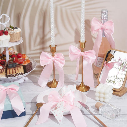 PH PandaHall 24pcs Pink Bowknot Ribbon Bow Napkin Ring Bow Tie Candlestick Decor Gift Wrapping Satin Bowknots Napkin Holder for Party Centerpiece Wedding Birthday Holiday Tabletop Crafts Decoration