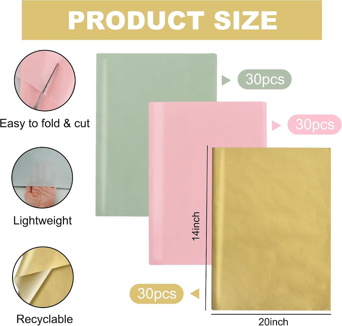 BEISHIDA 90 Sheets Sage Green Pink Gold Tissue Paper Bulk, Wrapping Tissue Paper for Gift Bags, 14 x 20 Inch Gift Wrap for Wedding Birthday Christmas Party DIY Crafts Decor Holiday Flowers
