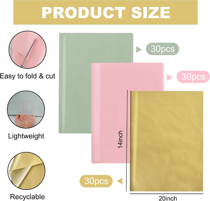 BEISHIDA 90 Sheets Sage Green Pink Gold Tissue Paper Bulk, Wrapping Tissue Paper for Gift Bags, 14 x 20 Inch Gift Wrap for Wedding Birthday Christmas Party DIY Crafts Decor Holiday Flowers