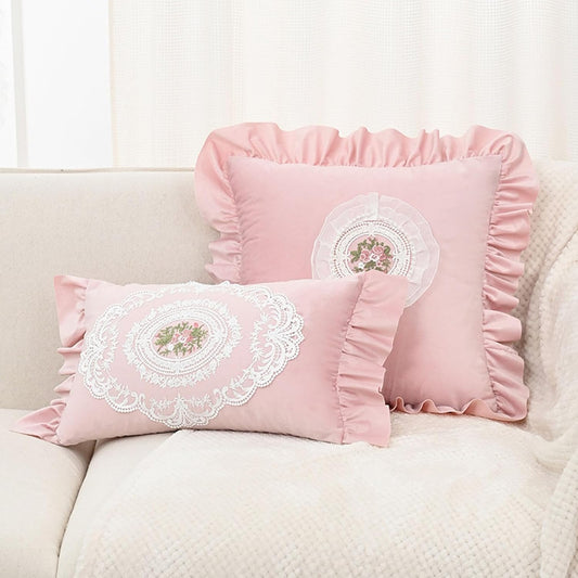 JadeRich Lace Embroidery Decorative Throw Pillow Covers Vintage French Country Style Pillowcase with Ruffles/Pom Poms 20x12 inch