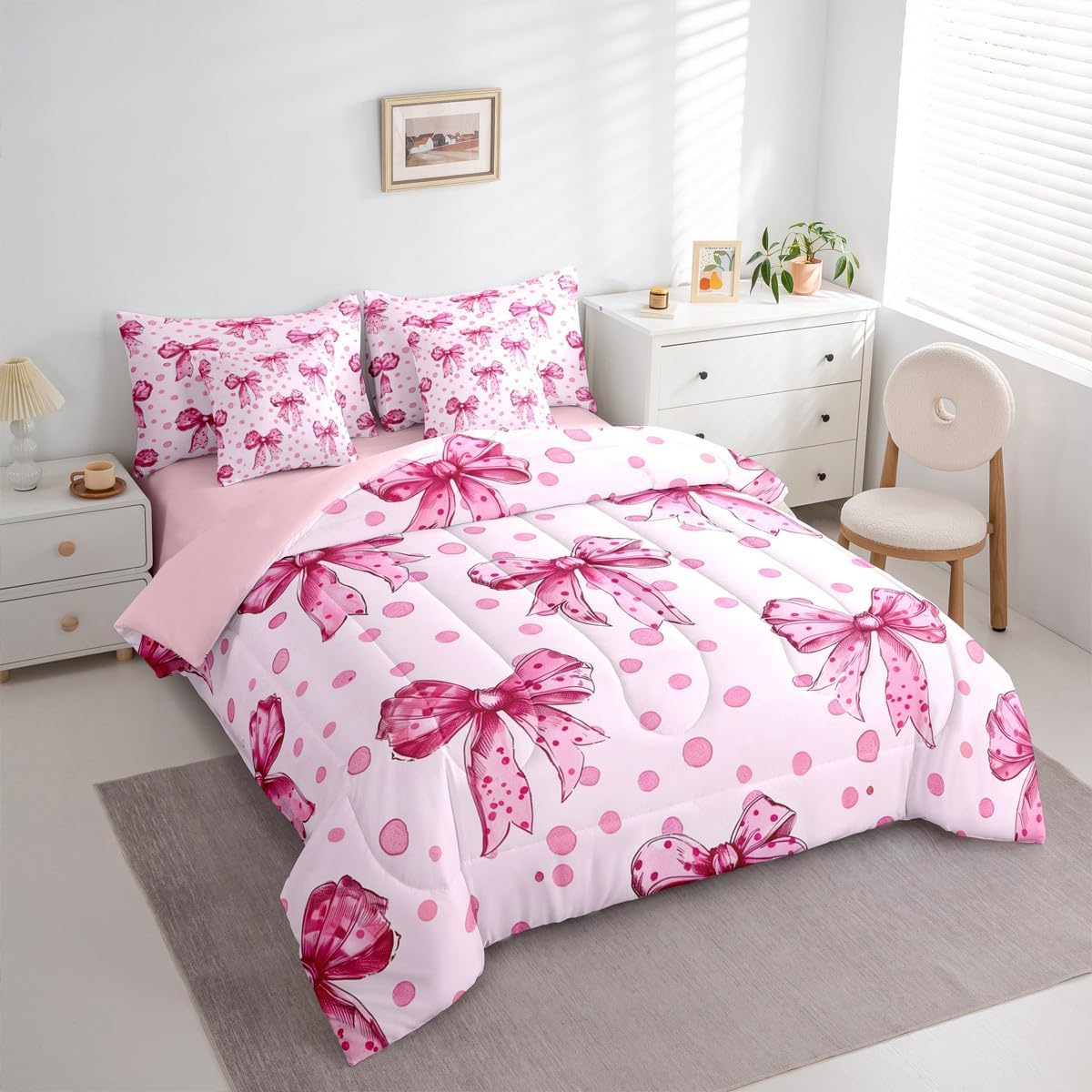 Erosebridal Pink Princess Bow Twin Comforter Set with Sheets 7 Piece Cute Coquette Bowknot Bed in A Bag Kawaii Ribbon Bow Bedding Sets for Kids Adults,Pink Watercolor Polka Dot Bed Set