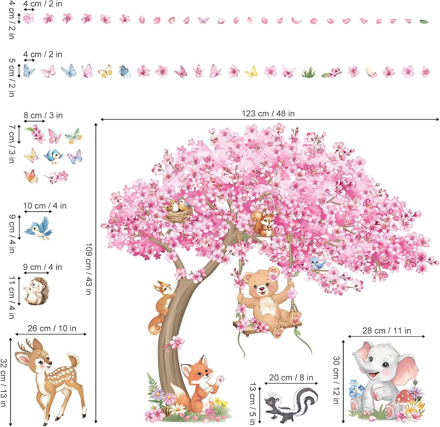 decalmile Large Cherry Blossom Tree Wall Stickers Woodland Animals Bear Deer Pink Flower Wall Decals Baby Nursery Kids Bedroom Living Room Home Decor