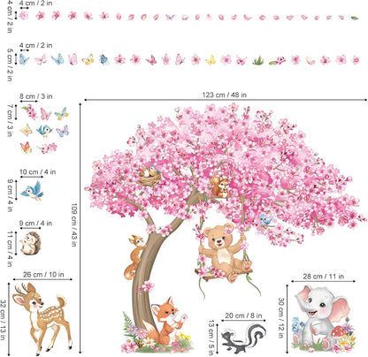 decalmile Large Cherry Blossom Tree Wall Stickers Woodland Animals Bear Deer Pink Flower Wall Decals Baby Nursery Kids Bedroom Living Room Home Decor