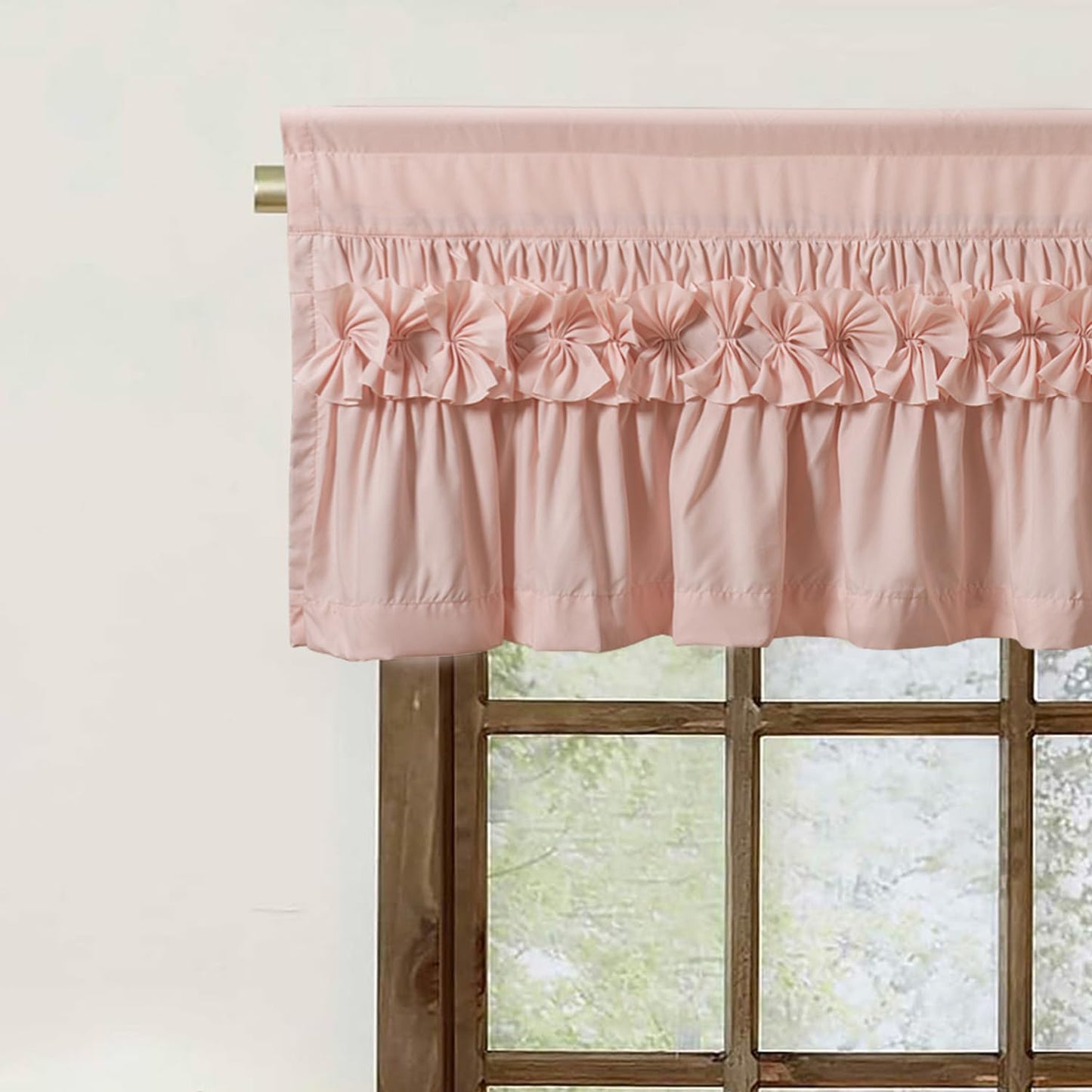 HIG 2 Pack Peach Pink Ruffle Window Valances – Handcrafted Bow Tie Blackout Curtain Valances for Windows/Bathroom/Living Room/Bedroom, Farmhouse Decorative Privacy Kitchen Valance, 42"x18"(N60047)