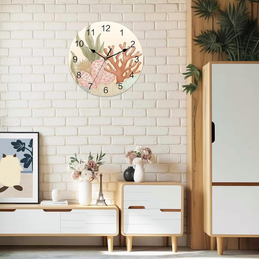 Summer Ocean Round Wall Clocks 14 Inch Pink Coral Seaweed Watercolor Gradient Orange Silent Non-Ticking Battery Operated PVC Clock for Wall Home Decor Kitchen Living Room Bedroom Office
