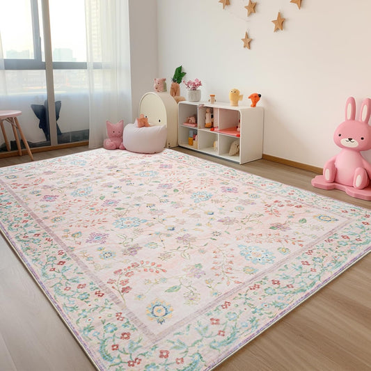 CRYPTOLITE Area Rug for Living Room, 9x12 Machine Washable Non Slip Large Faux Wool Throw Rug, Low Pile & Non-Shedding Boho Large Carpet Rugs for for Dining Room, Bedroom, Office (Pink)