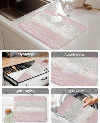 Pink Gray Dish Drying Mat 2 Pack, White Gradient Rustic Striped Minimalist Country Absorbent Heat Insulating Kitchen Drying Pad Drainer Mats for Sink Counter Pot Dishes 16 X 18 Inch