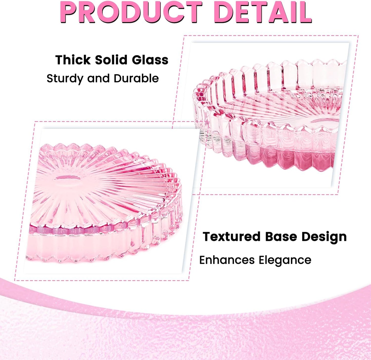 5 Pack Clear Glass Coaster for Drinks, Crystal Coasters Round Cup Coaster with Beads Edge, Coffee Table Decor for Restaurant bar Kitchen Dining Table (Pink)