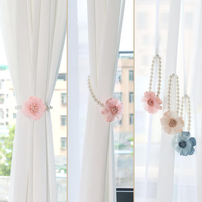 2 Pack of Pearl Magnetic Curtain Tiebacks with Handmade Flower Decorative Curtain Holdbacks Curtain Ties Magnetic Tie Backs for Curtains (2, Pink)
