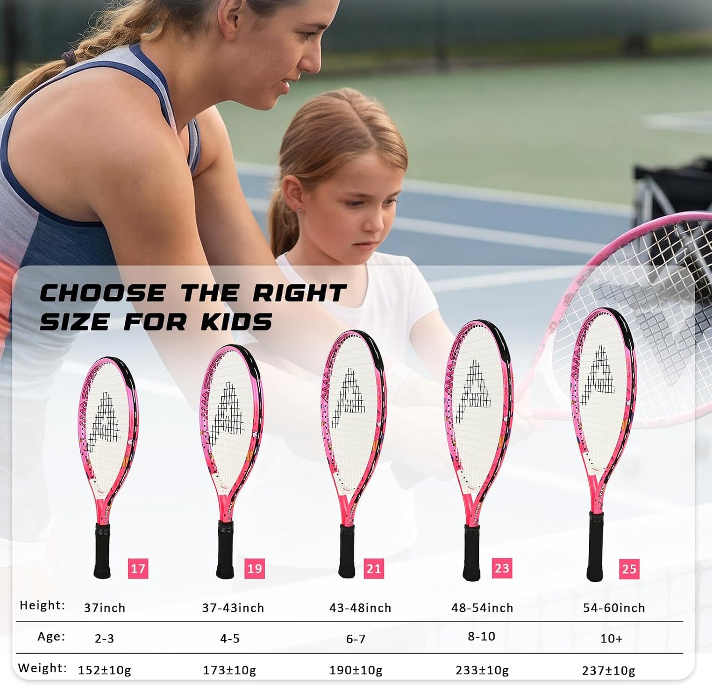AMA SPORT Kids Tennis Racket 17/19/21/23/25 Inch Tennis Racket for Kids Girls and Boys Beginners Toddlers Starter Junior Racquet with Shoulder Strap Bag (Age 2-10)