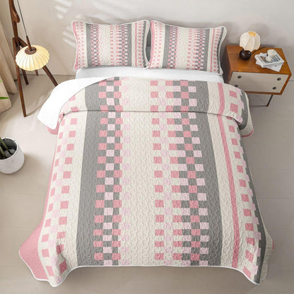 Erosebridal Girls Pink Plaid Twin Quilt Set for Summer Pink Grey Checkered Lightweight Bedspread for Kids Adults Geometric Stripes Grid Coverlet Checkerboard Aesthetic Quilted Comforter 2 Pieces